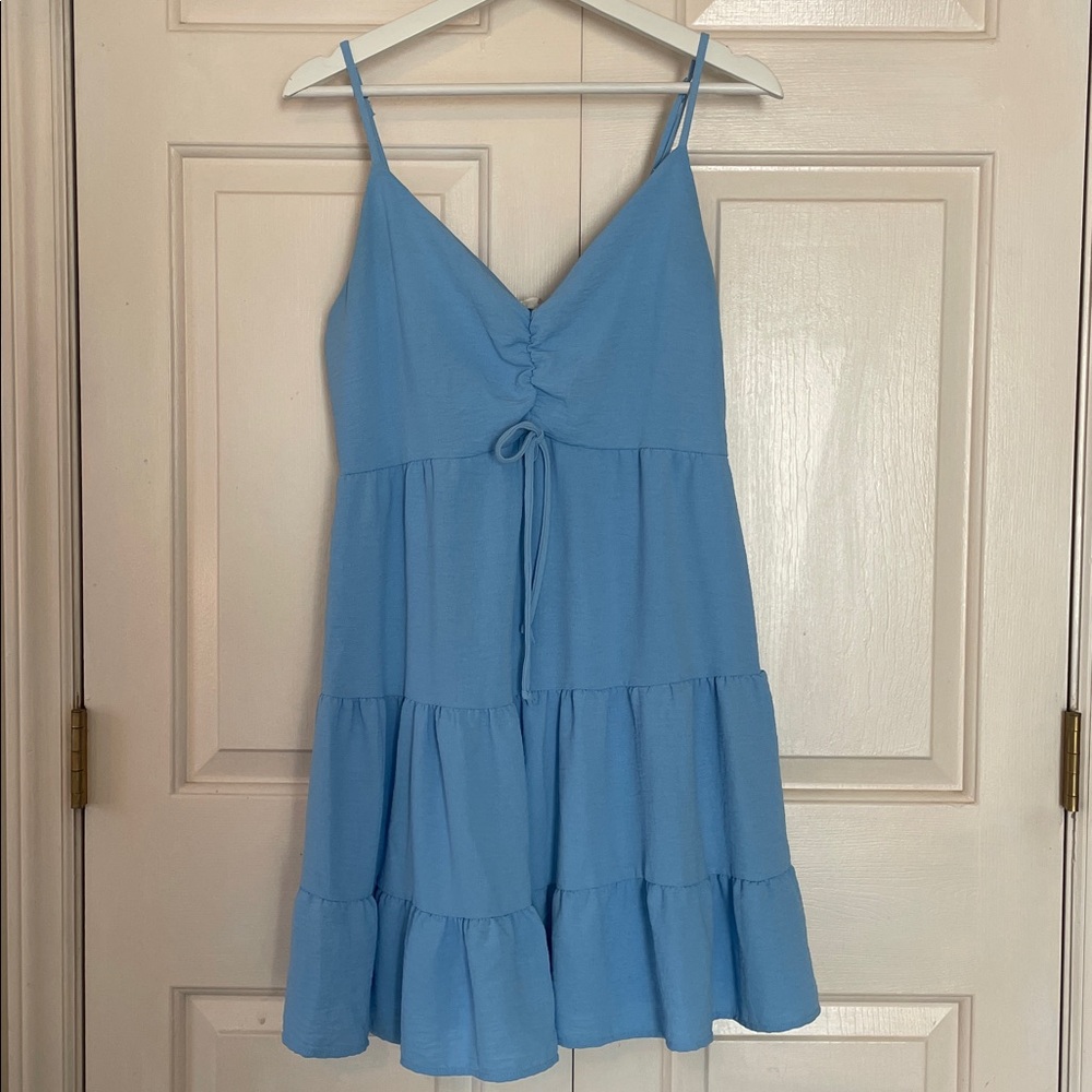 Altar'd State Slate Blue Tiered Spaghetti-Strap Mini Dress
